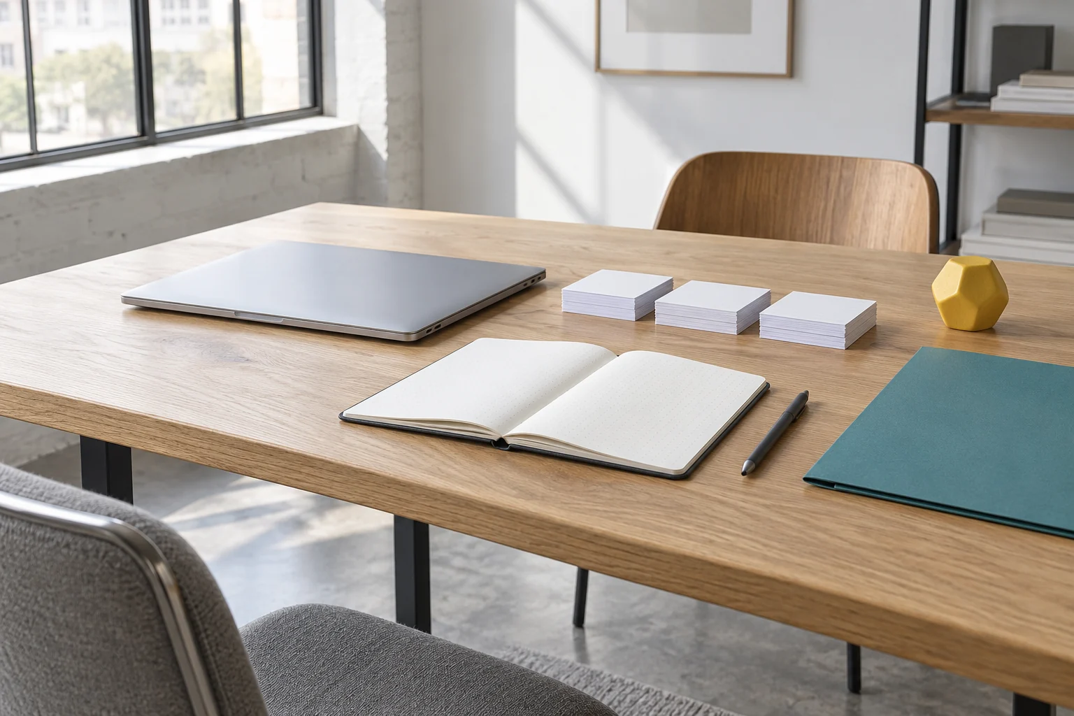 AI-generated editorial illustration: Planning table with notebook, index cards and closed laptop