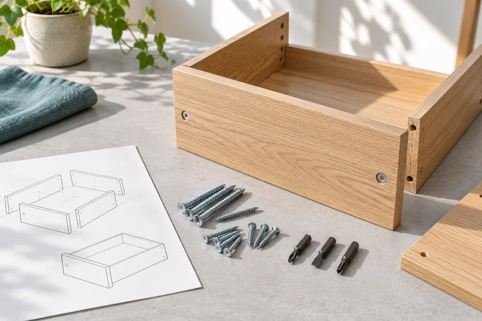 AI editorial illustration of furniture assembly, screws and loose bits; not the Klein product