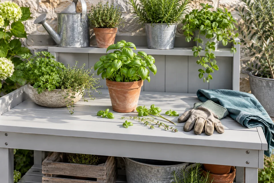 AI editorial illustration of a garden potting bench and trimmed stems; not the Fiskars product