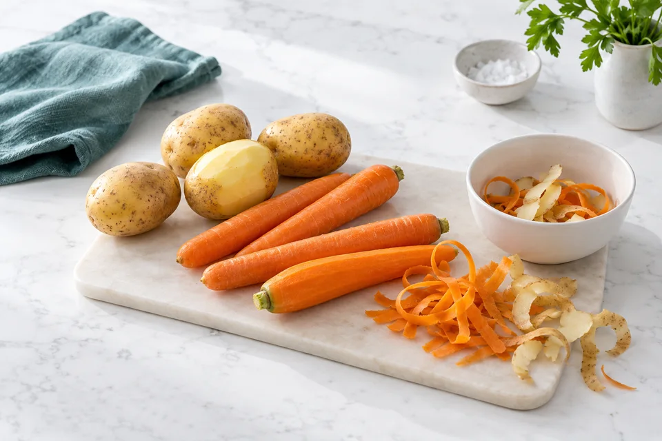 AI editorial illustration of vegetables ready for meal preparation; not the OXO product